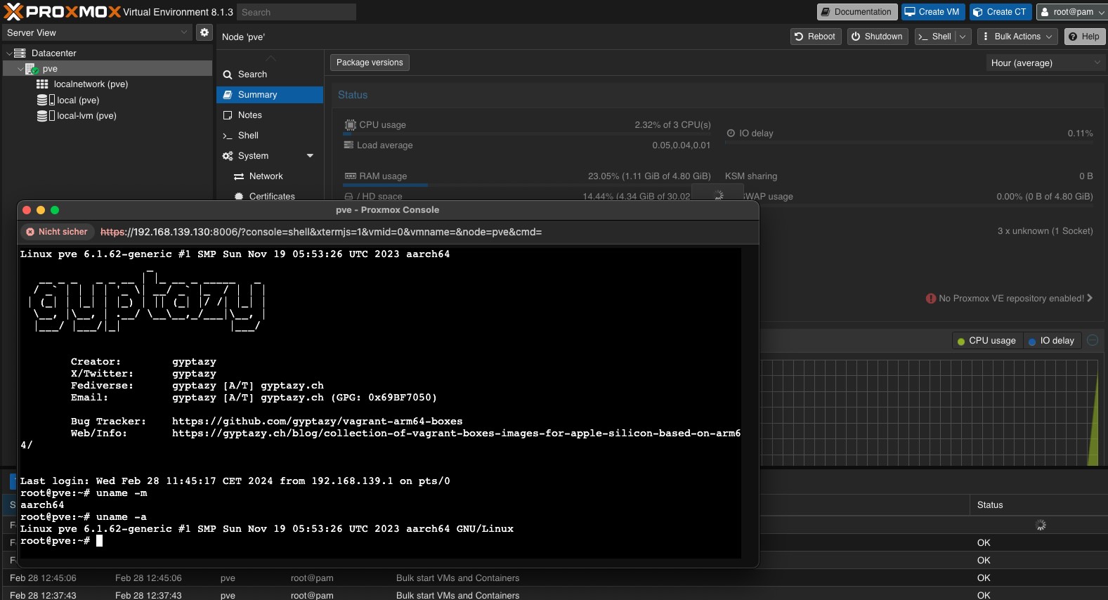 Proxmox 8.1 Webinterface running on ARM64 (AARCH64)